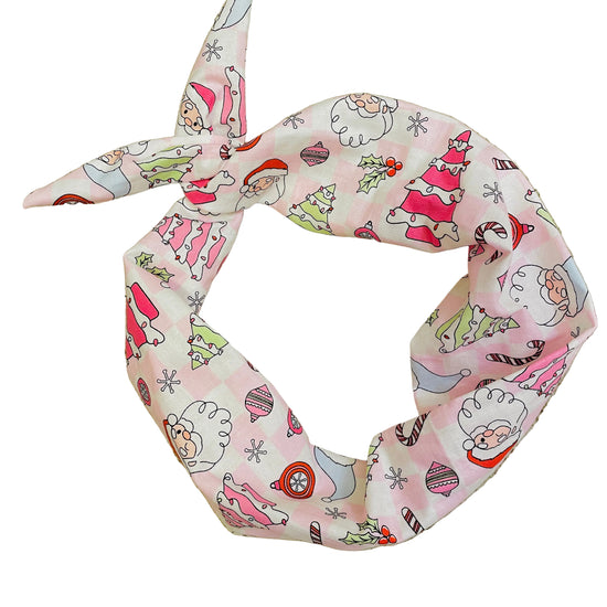 Amanda Bright Designs Christmas holiday pink and white Checkered headband with Santa ornaments Candy canes pink frosted Christmas trees