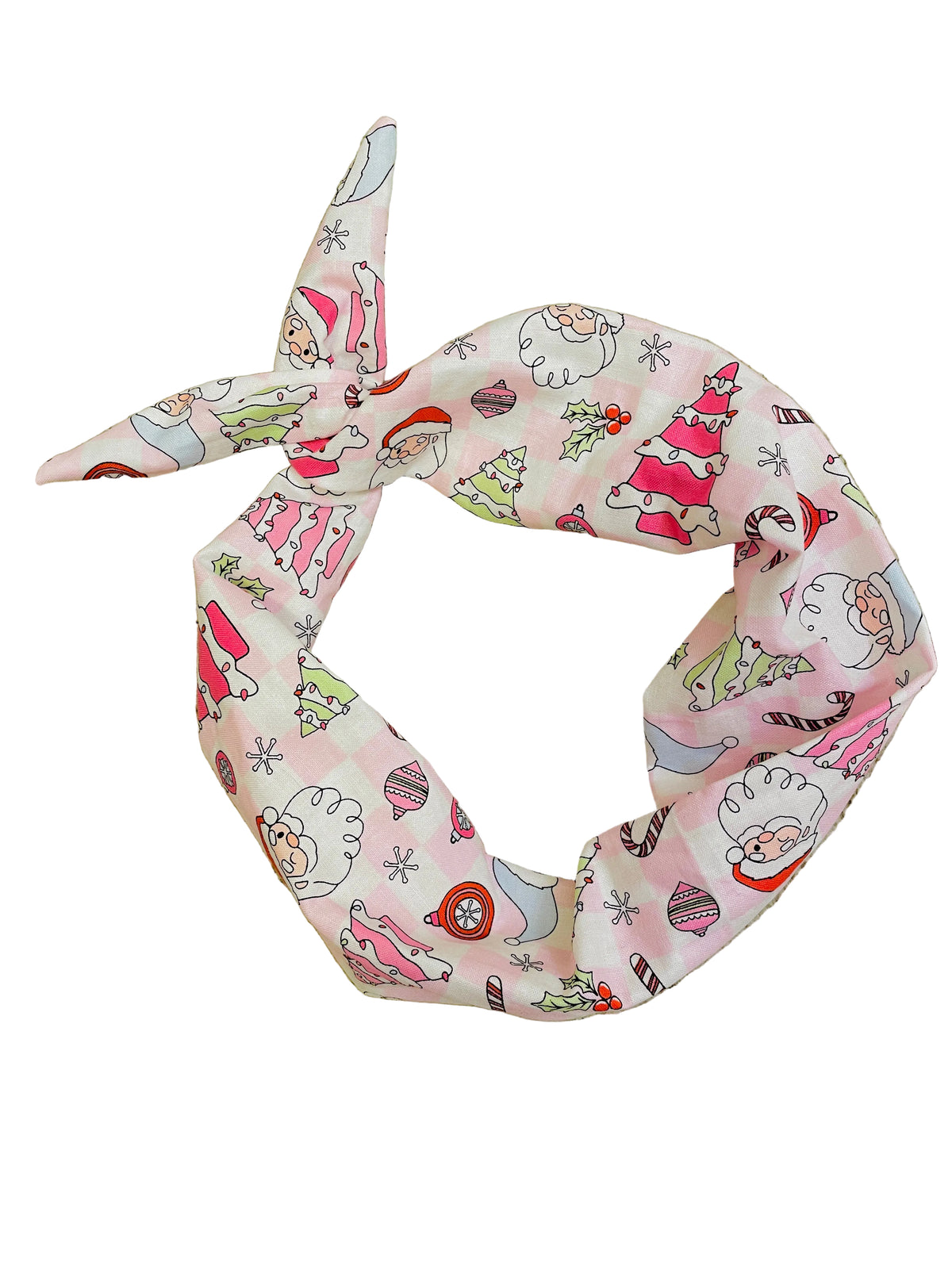Amanda Bright Designs Christmas holiday pink and white Checkered headband with Santa ornaments Candy canes pink frosted Christmas trees