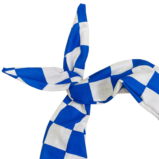 Amanda Bright designs cobalt blue and white checkered tie headband