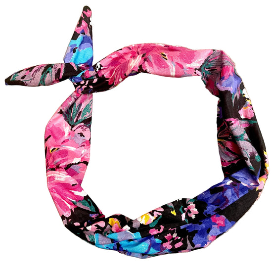 Amanda Bright Designs Original Tie Headband with oversized flowers in hues of pink purple teal and yellow on black fabric midnight floral