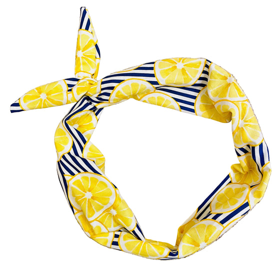 Amanda Bright Designs Amalfi coast blue and white stripe headband with lemon slices 