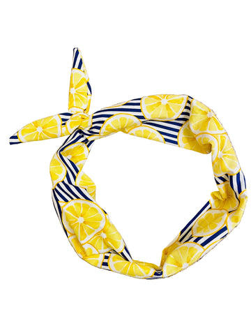 Amanda Bright Designs Amalfi coast blue and white stripe headband with lemon slices 