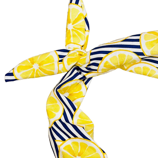 Amanda Bright Designs Amalfi coast blue and white stripe headband with lemon slices 