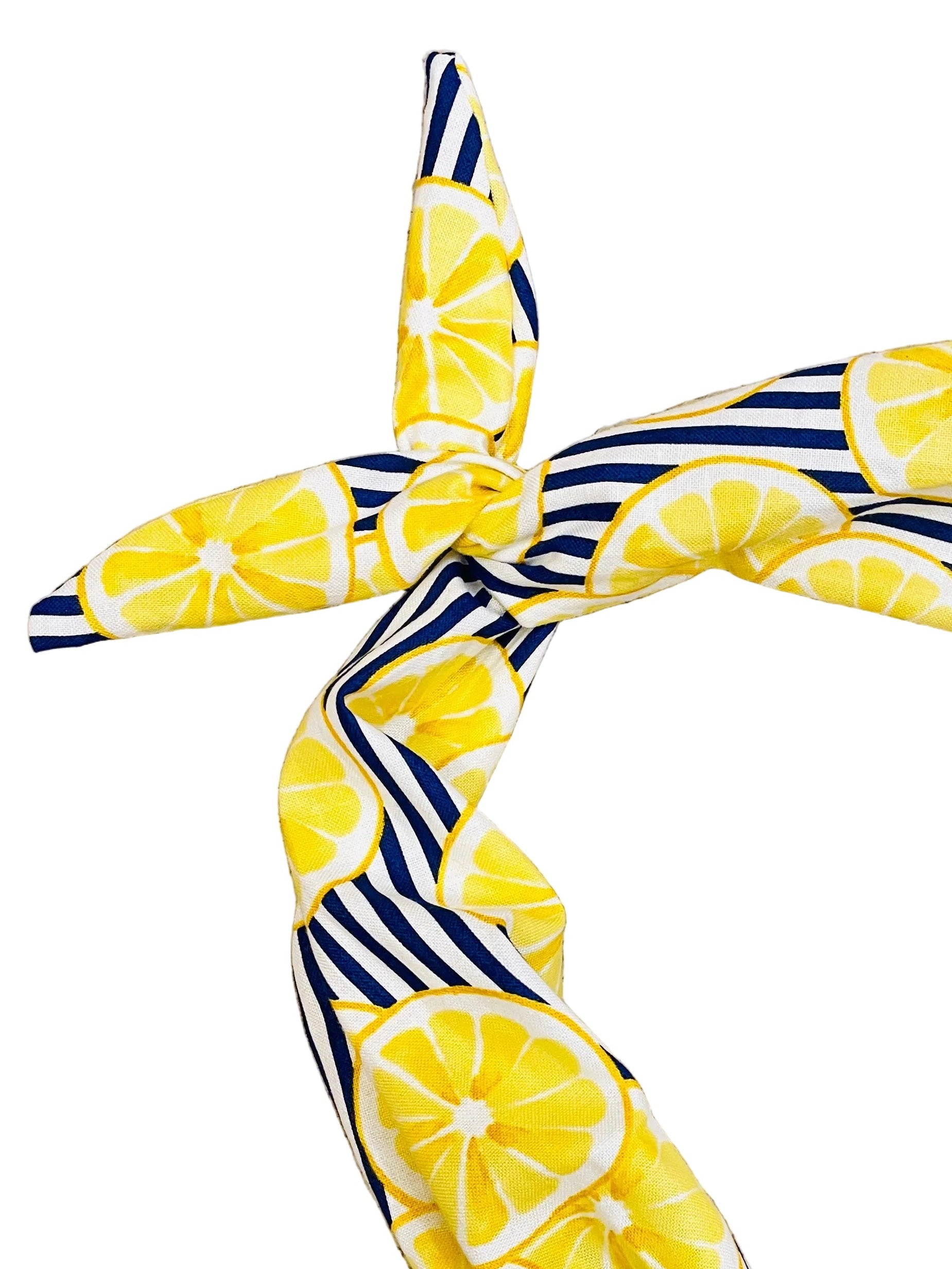 Amanda Bright Designs Amalfi coast blue and white stripe headband with lemon slices 