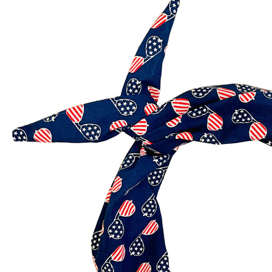 Amanda Bright Designs aviator sunglasses style, navy blue headband with red white and blue patriotic pattern