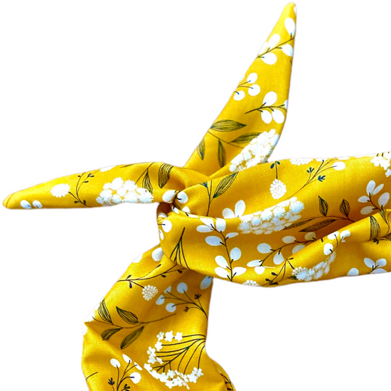 Amanda Bright Designs mustard yellow white baby's breath floral and black headband 