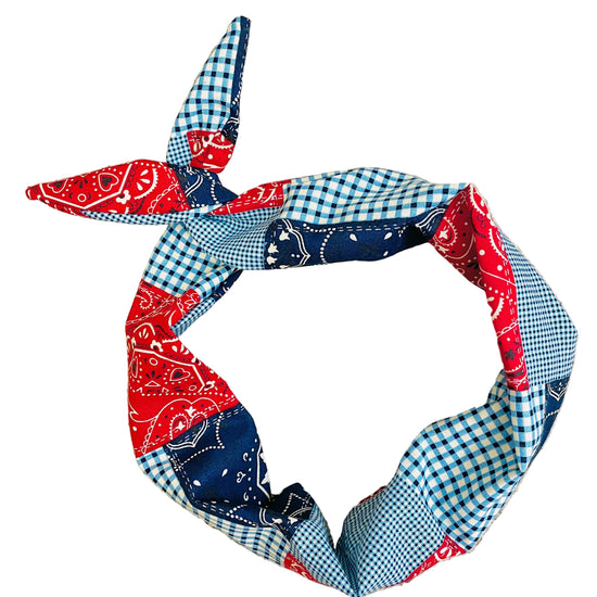 Amanda Bright Designs Fabric headband with red, white, and blue bandana and shirt check patterns USA July 4th