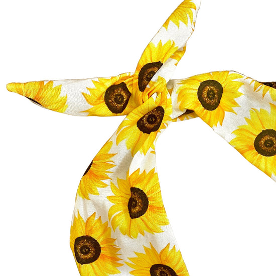 Amanda Bright Designs moldable bendable cotton headband with bright yellow sunflowers and brown centers