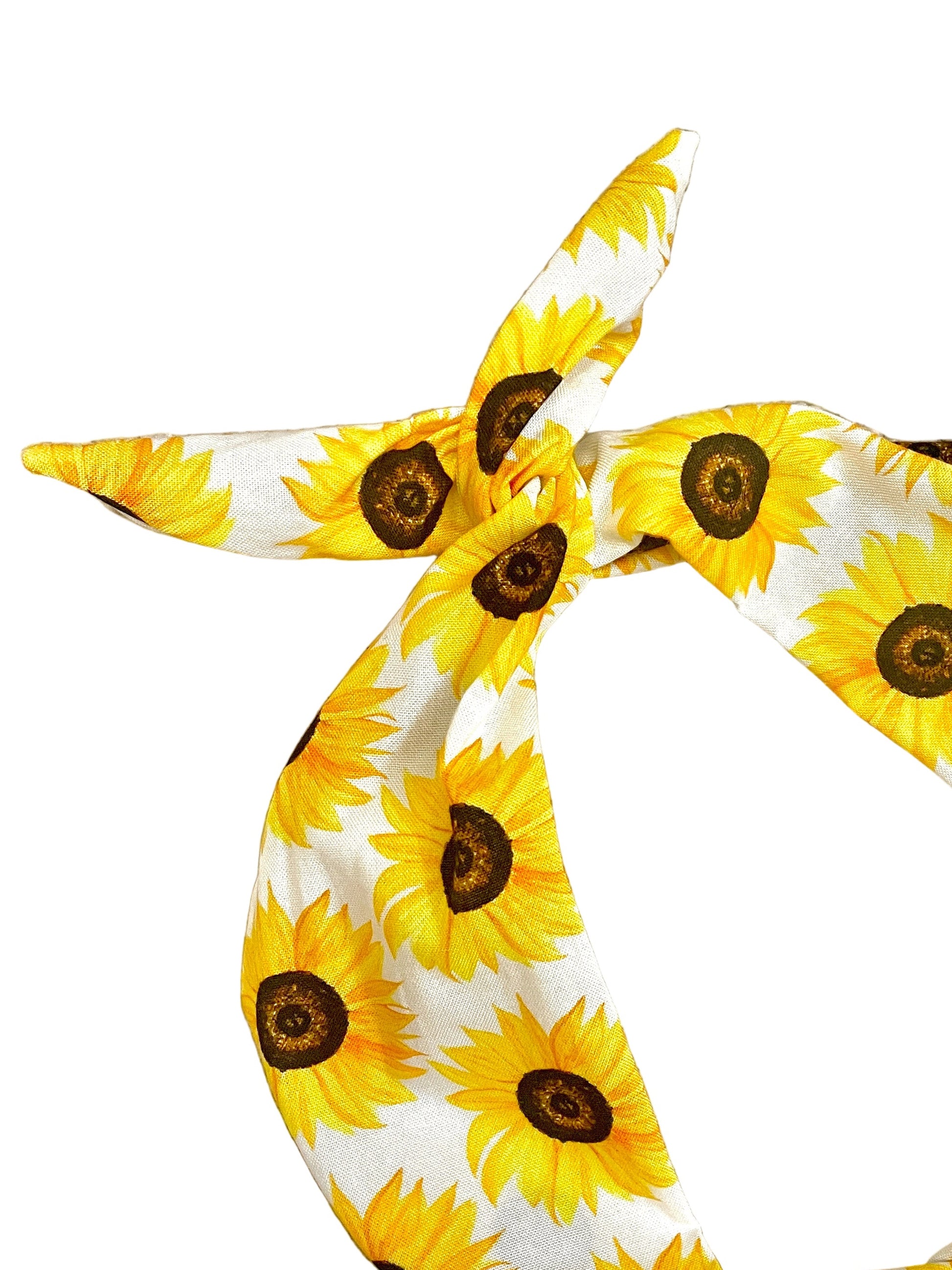 Amanda Bright Designs moldable bendable cotton headband with bright yellow sunflowers and brown centers