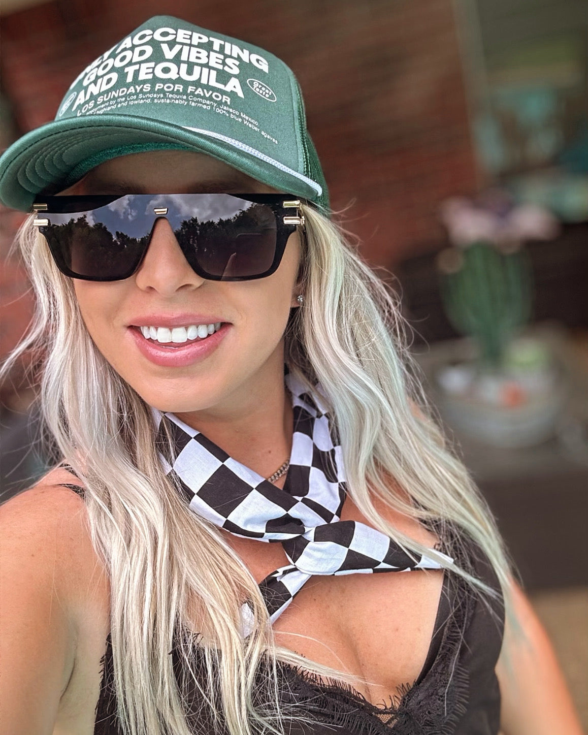 Amanda Bright Designs The Original Tie Headband Checkered Flag worn as a wild rag