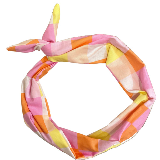 Amanda Bright Designs cotton candy checkered pink headband original tie headband neon pink yellow orange fabric for women