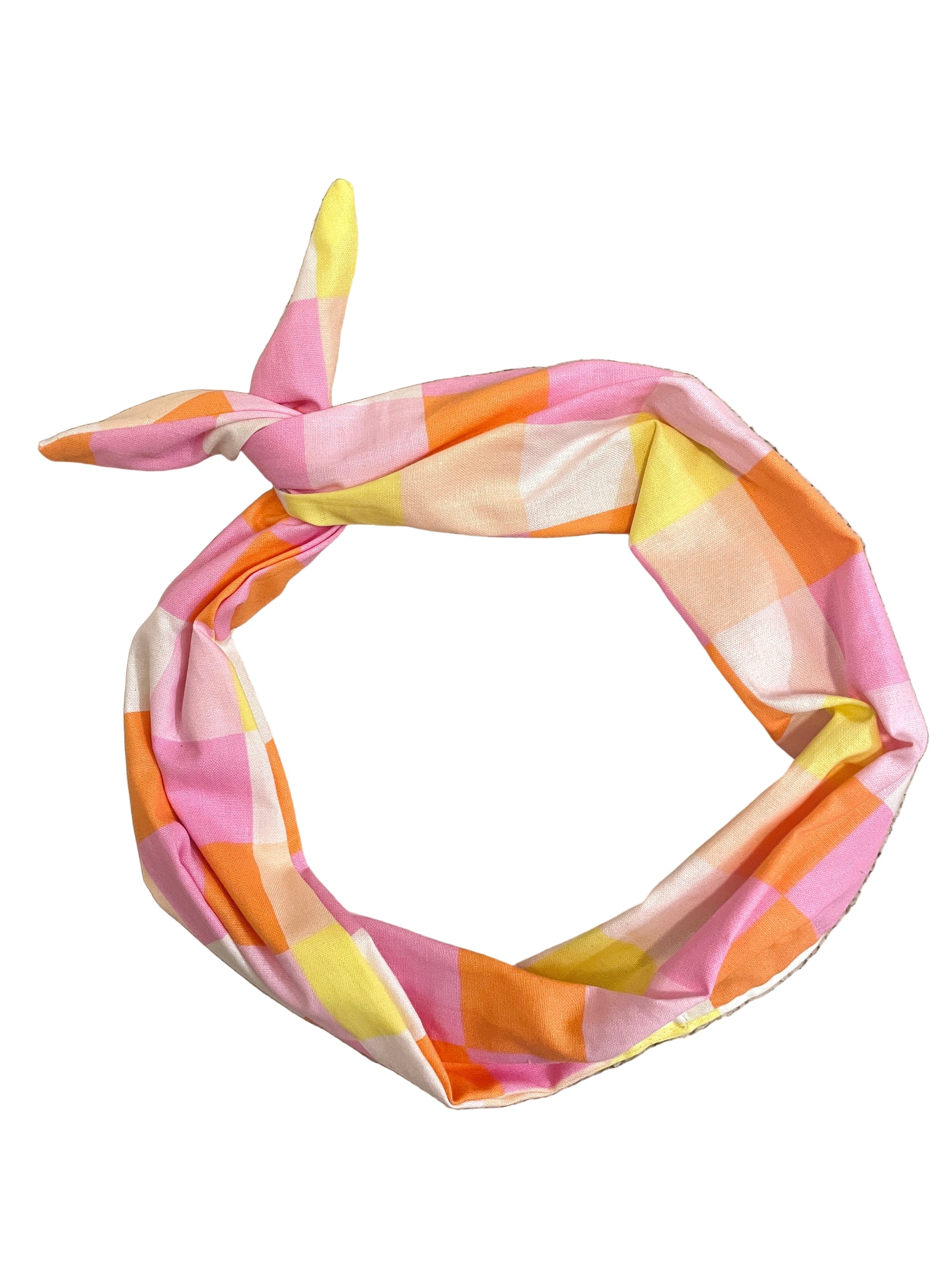 Amanda Bright Designs cotton candy checkered pink headband original tie headband neon pink yellow orange fabric for women