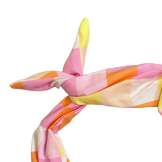 Amanda Bright Designs pink, orange, and yellow checkered headband for summer vacation