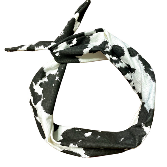 Amanda Bright Designs The original tie headband cowhide pattern black and white holstein