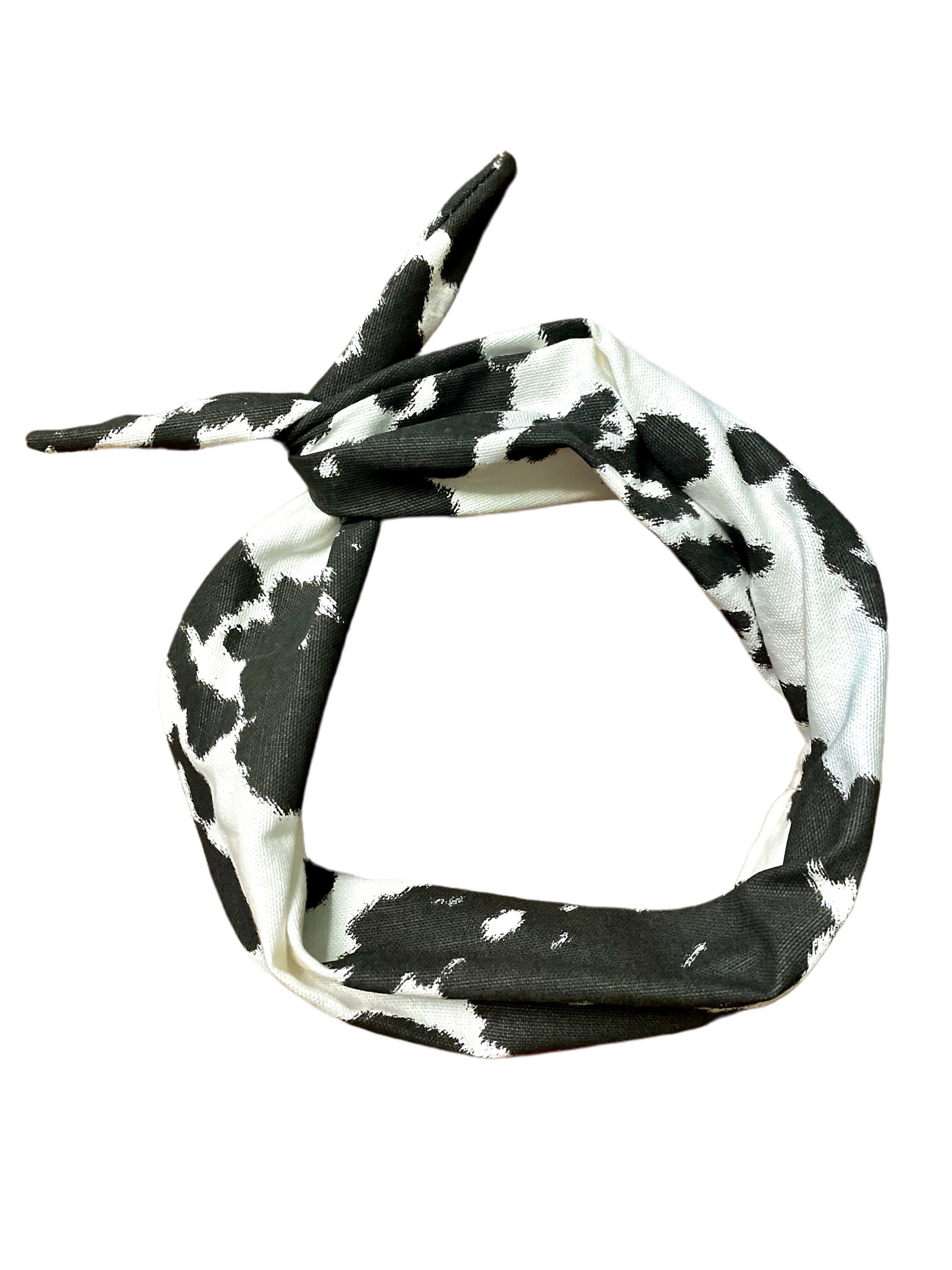 Amanda Bright Designs The original tie headband cowhide pattern black and white holstein