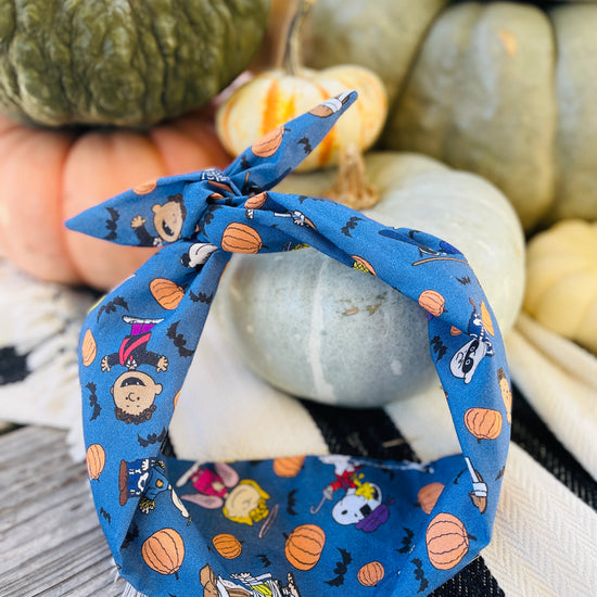 Amanda Bright Designs blue jean colored headband with characters pumpkins and bats for halloween