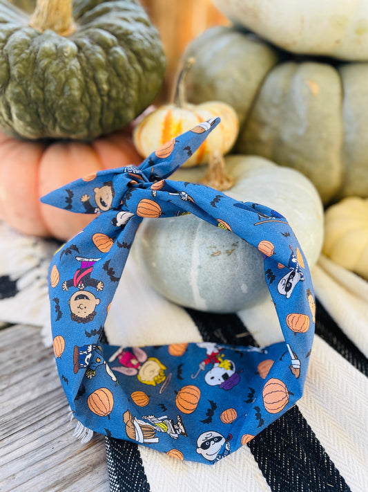 Amanda Bright Designs blue jean colored headband with characters pumpkins and bats for halloween