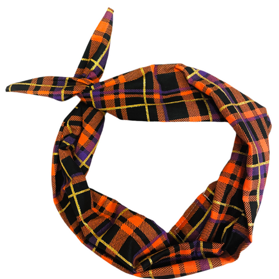 Amanda Bright Designs moldable Plaid headband with orange, black, and purple with gold thread for halloween october fall