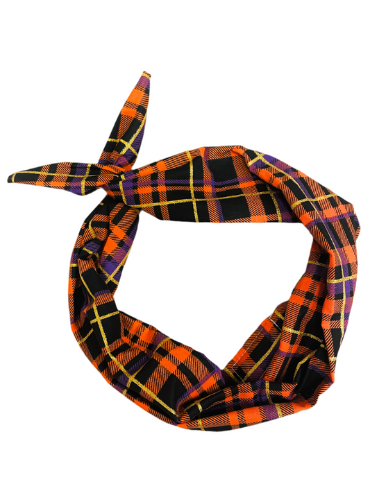 Amanda Bright Designs moldable Plaid headband with orange, black, and purple with gold thread for halloween october fall