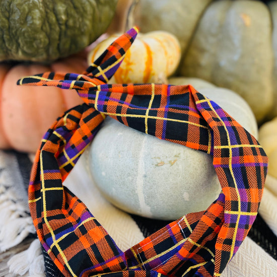 Amanda Bright Designs halloween plaid headband in black orange purple gold thread for holidays