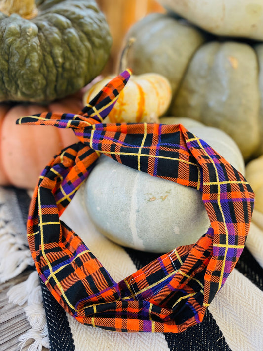 Amanda Bright Designs halloween plaid headband in black orange purple gold thread for holidays