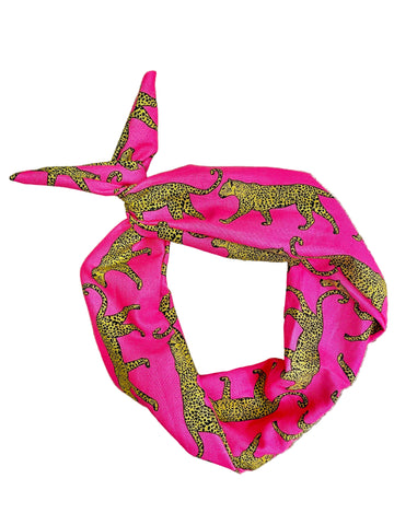 Amanda Bright Designs bright pink cotton headband with a yellow and black leopard print