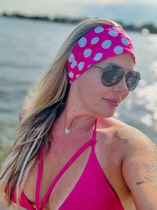 Amanda Bright Designs lake time The Original Tie Headband Hot Pink Polkadot on model