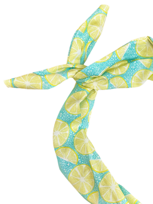 Amanda Bright Designs lemon slices pool blue lemon splash summer cotton headband