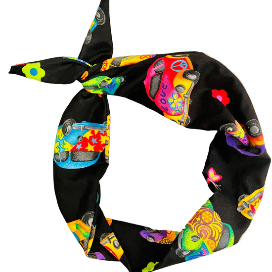 Amanda Bright Designs Road trip RV VW love bug peace sign black headband with VWs on it in bright colors of pink green orange blue yellow