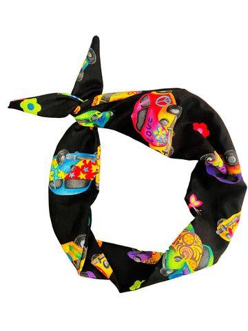 Amanda Bright Designs Road trip RV VW love bug peace sign black headband with VWs on it in bright colors of pink green orange blue yellow
