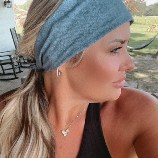 Amanda Bright Designs The Original Tie Headband Medium Wash Denim on model