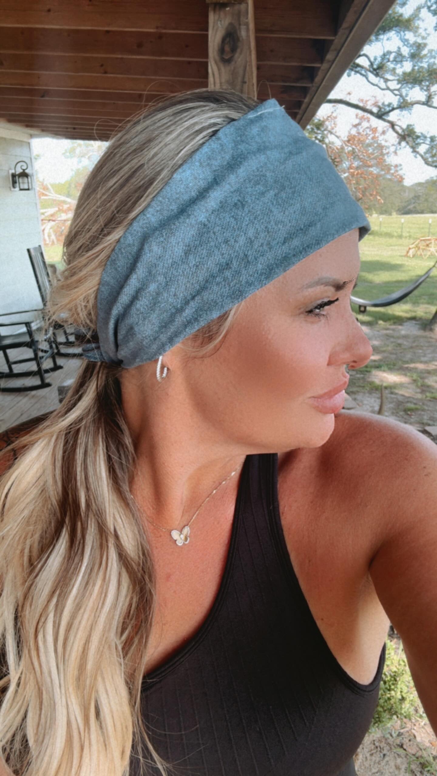 Amanda Bright Designs The Original Tie Headband Medium Wash Denim on model