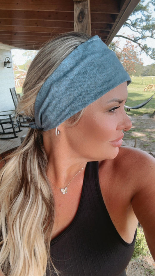 Amanda Bright Designs The Original Tie Headband Medium Wash Denim on model