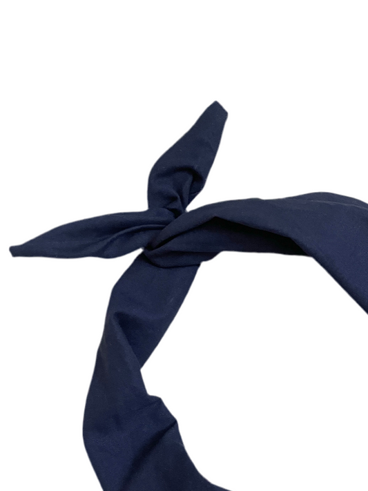 Amanda Bright designs navy blue fabric headband tied in a knot