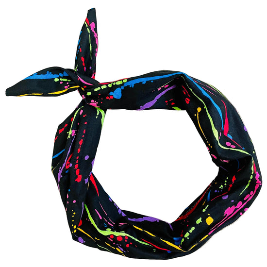 Amanda Bright Designs black headband with neon paint splatter design in bright colors