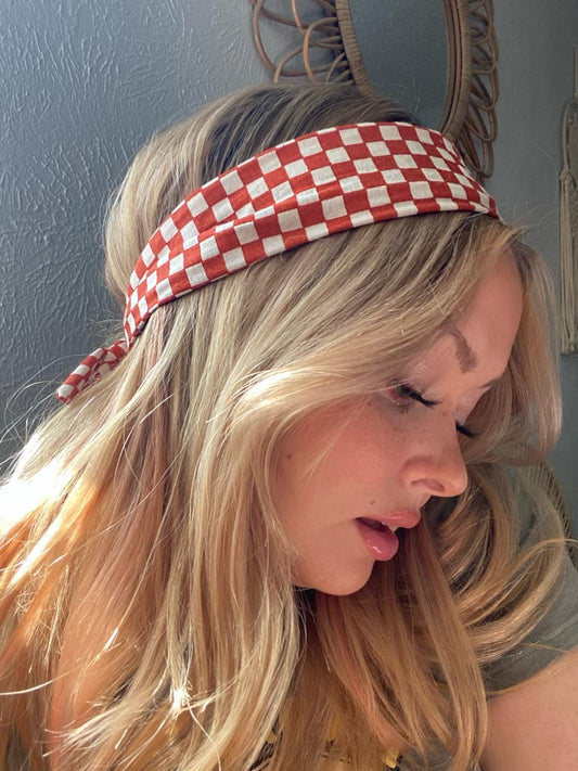Amanda Bright Designs The Original Tie Headband Orange Check on model