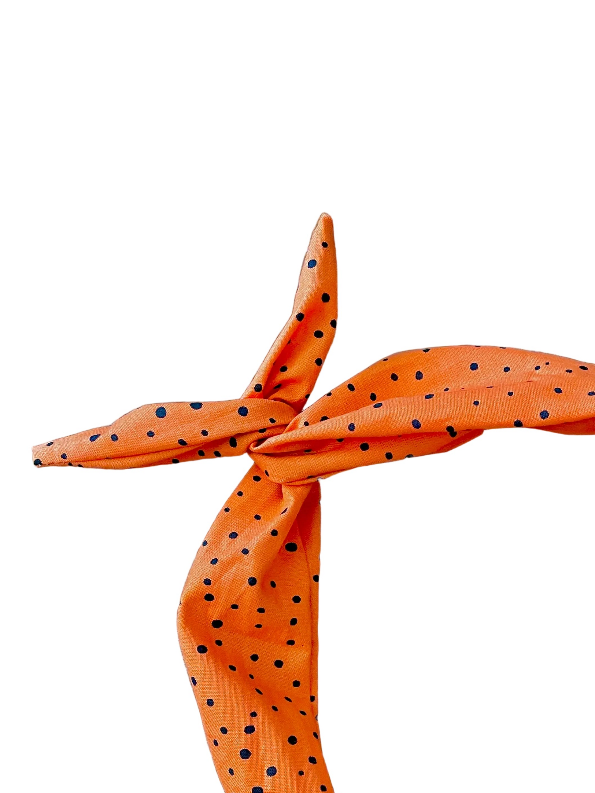 Amanda Bright Designs tie heaband in orange with black speckle polkadots