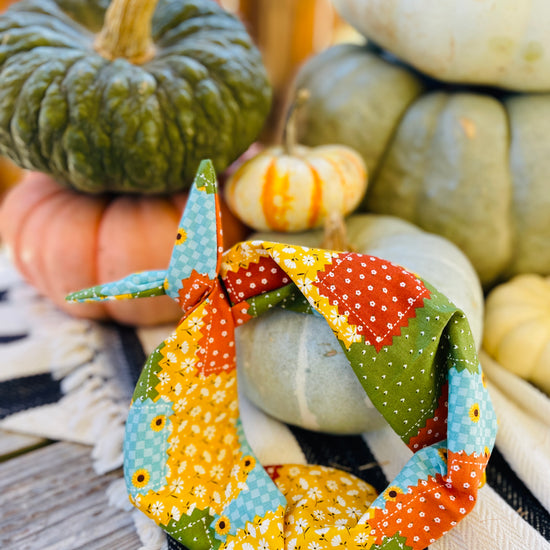 Amanda Bright Designs fall patchwork quilt headband with sunflowers teal green orange gold
