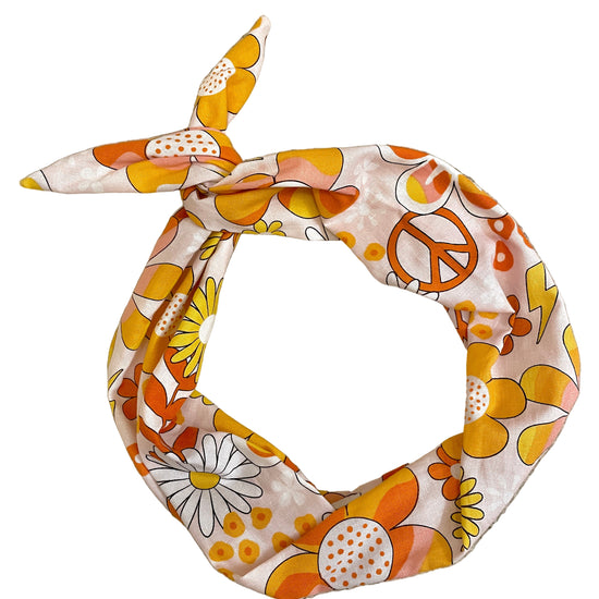 Amanda Bright Designs Original Tie Headband Peace Out Peace Symbols Flower Power Fabric for women  vintage-inspired print mixes peace signs, retro daisies, and funky florals in shades of burnt orange, golden yellow, cream, and warm brown