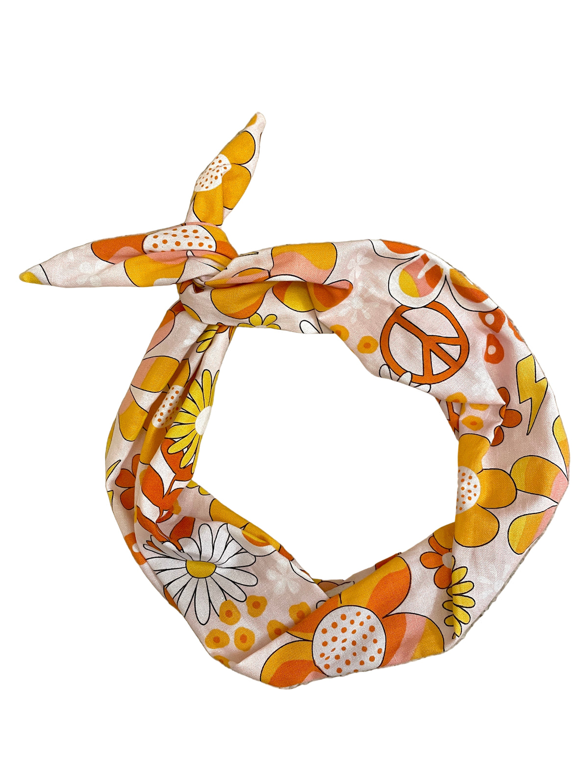 Amanda Bright Designs Original Tie Headband Peace Out Peace Symbols Flower Power Fabric for women  vintage-inspired print mixes peace signs, retro daisies, and funky florals in shades of burnt orange, golden yellow, cream, and warm brown