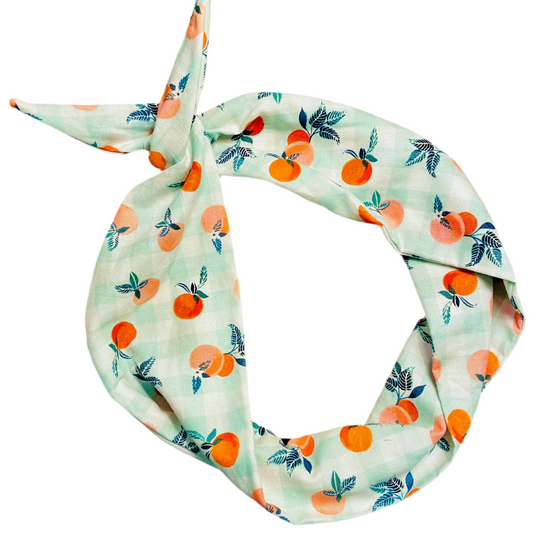Amanda Bright Designs Peachy Headband with peaches green leaves green and white buffalo plaid print fabric