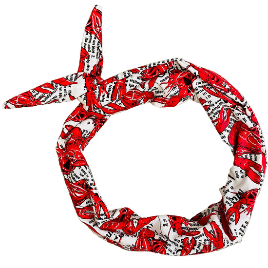 Amanda Bright Designs Peel-n-eat red Crustacean Lobster Crawfish and newsprint headband fabric