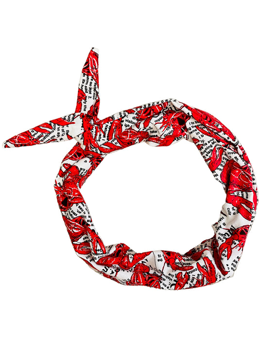 Amanda Bright Designs Peel-n-eat red Crustacean Lobster Crawfish and newsprint headband fabric