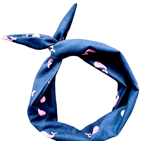 Amanda Bright Designs The Original Tie Headband Preppy Navy Blue with Pink Whale Vineyard Vines