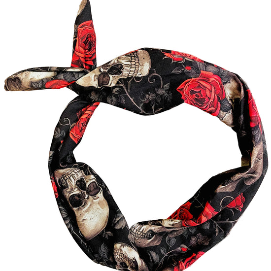 Amanda Bright Designs skull and red roses tie headband gothic skull and red rose pattern, tied in a knot 