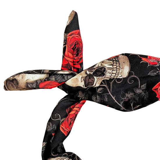 Amanda Bright Designs gothic style headband with skull and red roses on black background with vines