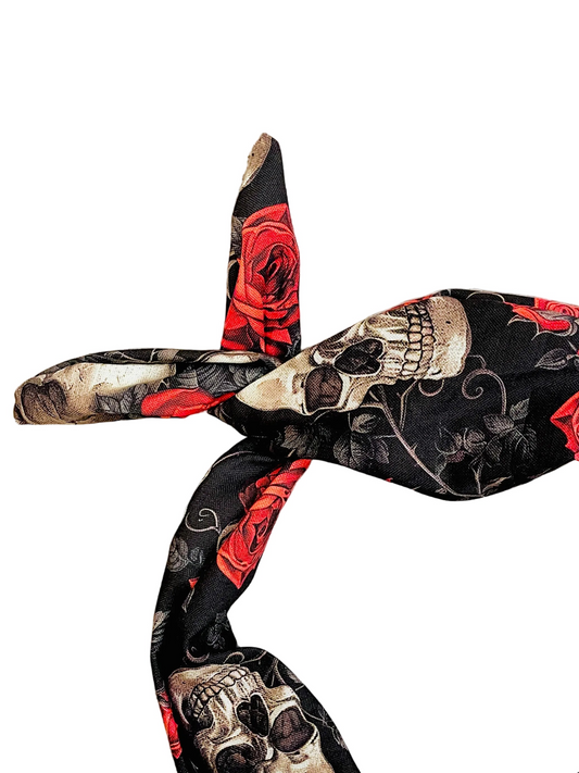 Amanda Bright Designs gothic style headband with skull and red roses on black background with vines