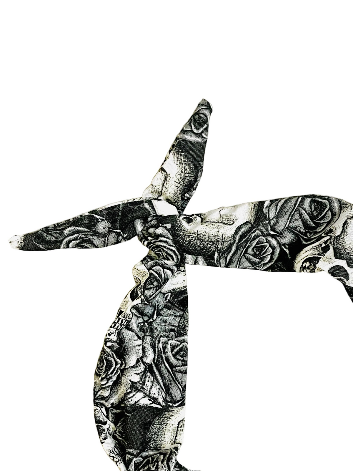 Amanda Bright Designs tie headband featuring skulls and roses tattoo style design in monotone black and cream