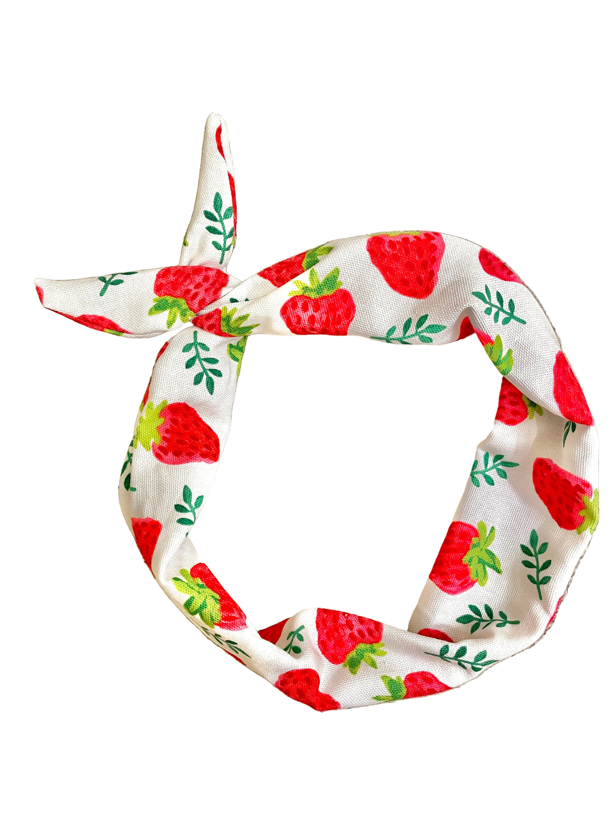 Amanda Bright Designs cotton denim headband with a red strawberry and green leaf pattern, tied in a knot 