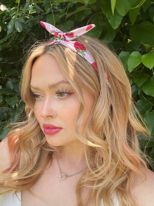 Amanda Bright Designs The Original Tie Headband Strawberry Sundae on model head tilted down